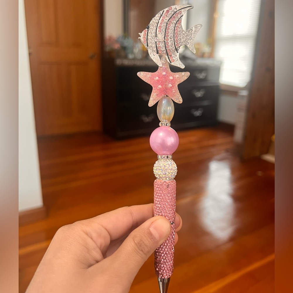 Pink and Silver Beaded Pen with Fish and Star Design